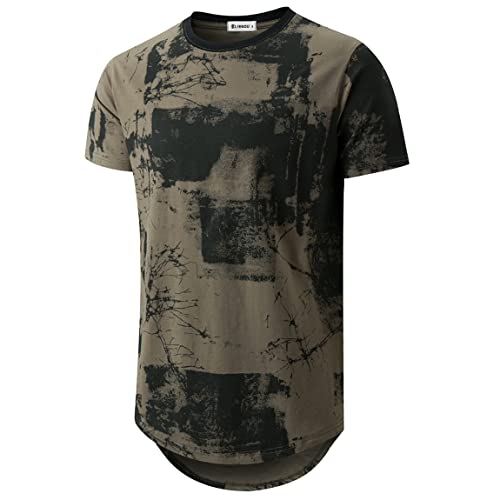KLIEGOU Mens Hipster Hip Hop Ripped Round Hemline Pattern Print T Shirt 86 ArmyGreen XL - Image 1