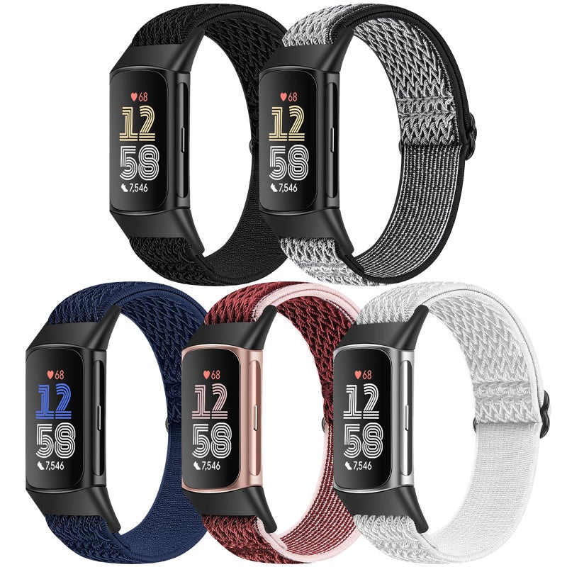 Bcuckood 5 Pack Elastic Nylon Watch Bands Compatible for Fitbit Charge 6/Fitbit Charge 5, Adjustable Breathable Replacement Stretchy Nylon Loop Wristband Sport Strap for Women Men - Image 1