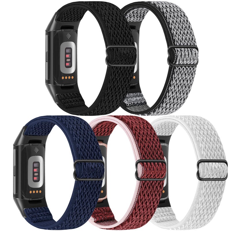 Bcuckood 5 Pack Elastic Nylon Watch Bands Compatible for Fitbit Charge 6/Fitbit Charge 5, Adjustable Breathable Replacement Stretchy Nylon Loop Wristband Sport Strap for Women Men - Image 2