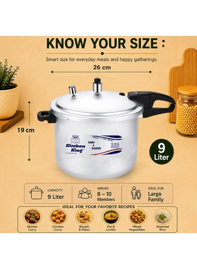 Kitchen King 9Liters Kitchen King Feast 9L Inner Lid Pressure Cooker for 7-9 Persons, Heavy Duty Aluminium Body, 6 Safety Features, Extra Gasket Included, Fast & Energy Efficient Cooking, Gas, Electric, Ceramic & Halogen Compatible Silver - Image 2