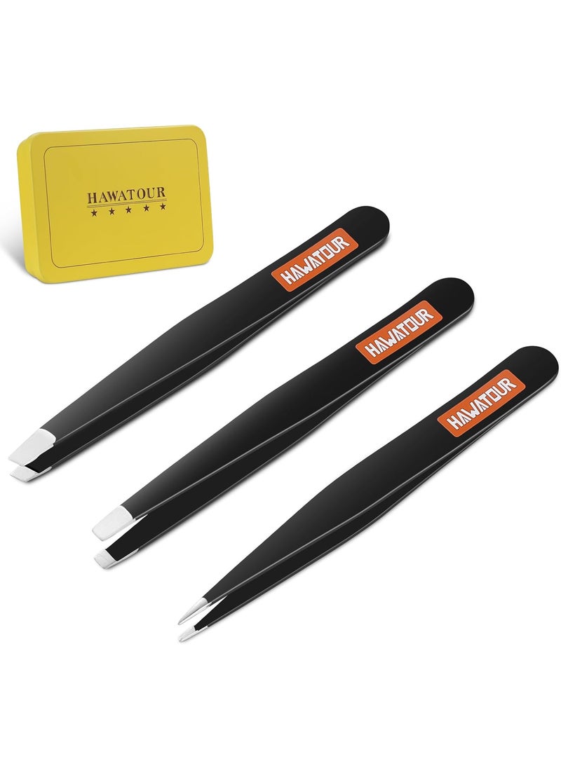 HAWATOUR Tweezers Set 3Pcs Precision Stainless Steel Eyebrow Tweezers for Eyebrow Hair Facial Hair Removal Splinter Blackhead Black 