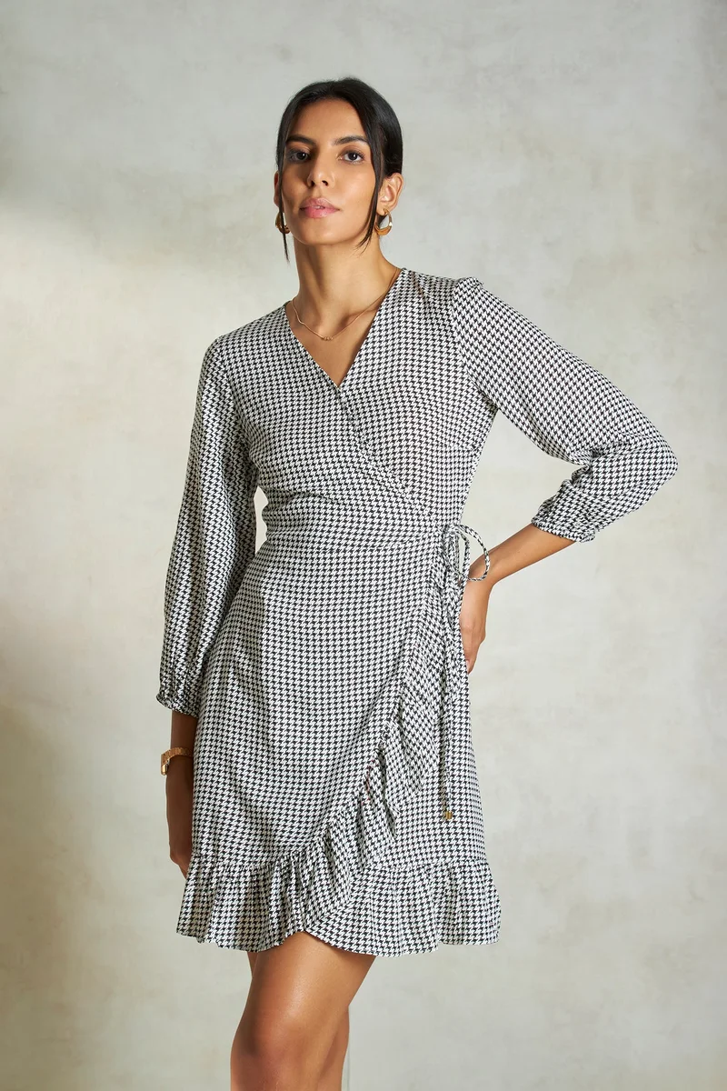 فيرجيو Houndstooth Viscose Houndstooth Print V-Neck Dress for Women