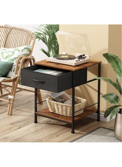 XiuWoo Nightstand with Fabric Drawer and Open Wood Shelf – Rustic Brown & Black End Table, Bedside Furniture with Steel Frame, Easy Assembly for Bedroom or Dorm  - Image 5