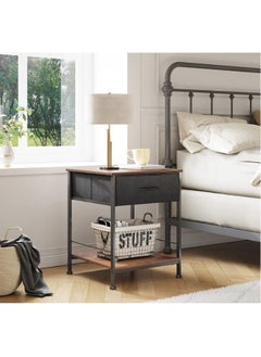 XiuWoo Nightstand with Fabric Drawer and Open Wood Shelf – Rustic Brown & Black End Table, Bedside Furniture with Steel Frame, Easy Assembly for Bedroom or Dorm  - Image 4