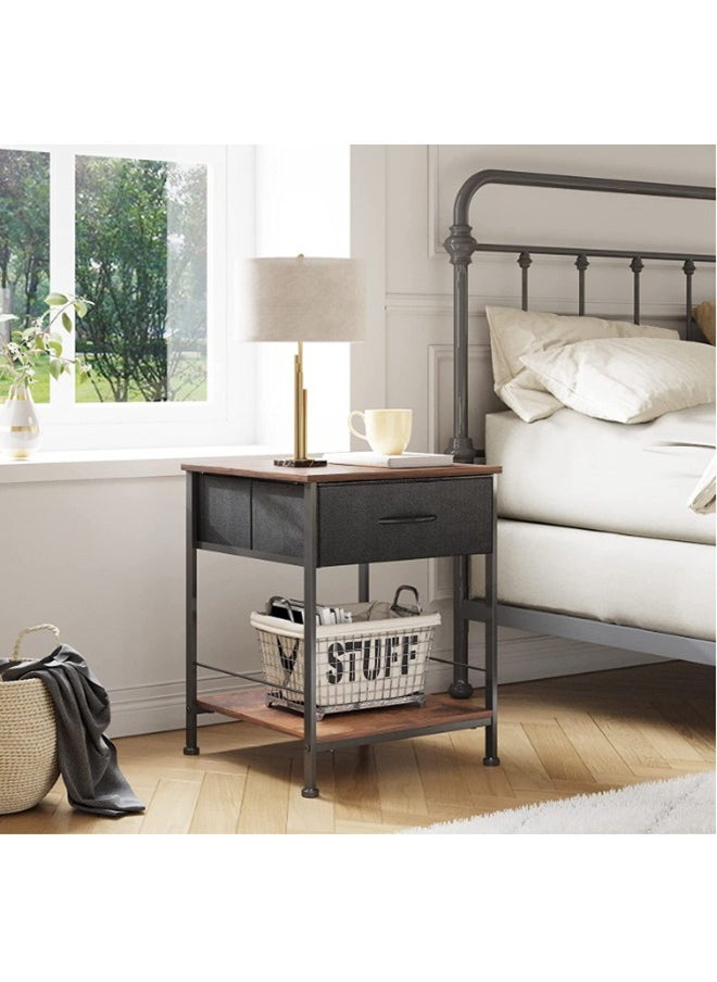 XiuWoo - Nightstand with Fabric Drawer and Open Wood Shelf – Rustic Brown & Black End Table, Bedside Furniture with Steel Frame, Easy Assembly for Bedroom or Dorm - Image 1