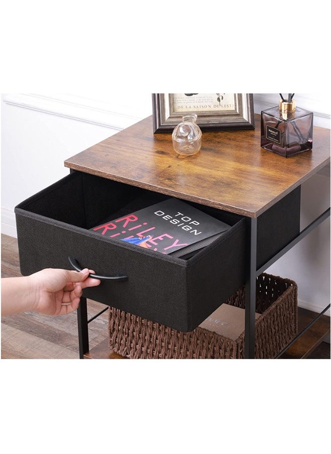 XiuWoo - Nightstand with Fabric Drawer and Open Wood Shelf – Rustic Brown & Black End Table, Bedside Furniture with Steel Frame, Easy Assembly for Bedroom or Dorm - Image 1