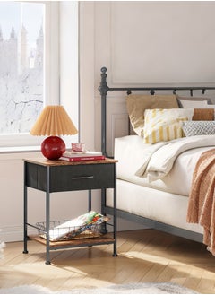 XiuWoo Nightstand with Fabric Drawer and Open Wood Shelf – Rustic Brown & Black End Table, Bedside Furniture with Steel Frame, Easy Assembly for Bedroom or Dorm  - Image 3