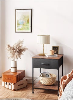 XiuWoo Nightstand with Fabric Drawer and Open Wood Shelf – Rustic Brown & Black End Table, Bedside Furniture with Steel Frame, Easy Assembly for Bedroom or Dorm  - Image 1