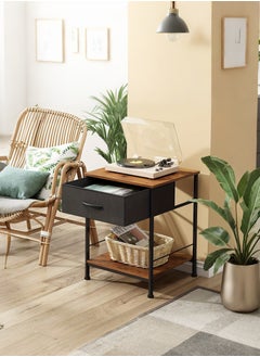 XiuWoo Nightstand with Fabric Drawer and Open Wood Shelf – Rustic Brown & Black End Table, Bedside Furniture with Steel Frame, Easy Assembly for Bedroom or Dorm  - Image 2