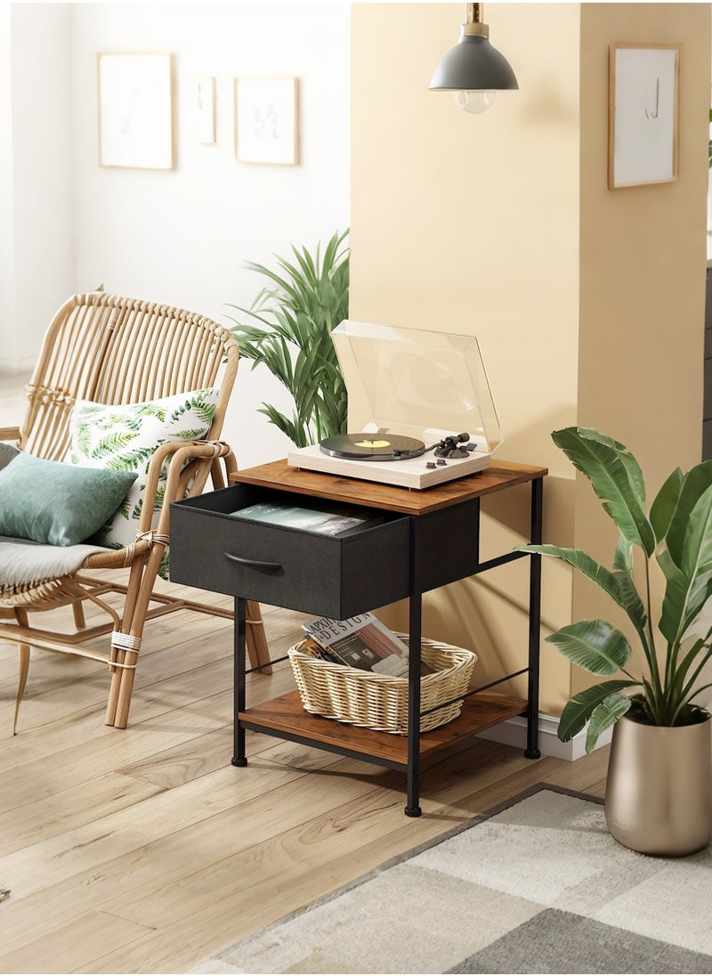 XiuWoo - Nightstand with Fabric Drawer and Open Wood Shelf – Rustic Brown & Black End Table, Bedside Furniture with Steel Frame, Easy Assembly for Bedroom or Dorm - Image 1