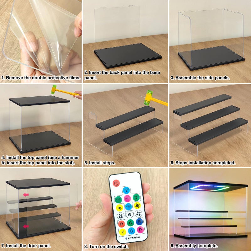 NONEMEY Clear Acrylic Display Case with Light ,3/4/5/6 Tier Multiple Color Lights via Remote Control Dustproof Display Box for Collectibles Figures Mini Toys (4Tier 12.4*9.6*10.4inch) - Image 3
