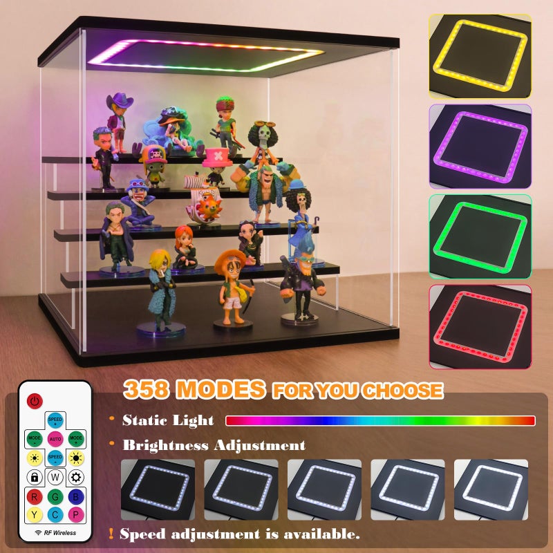 NONEMEY Clear Acrylic Display Case with Light ,3/4/5/6 Tier Multiple Color Lights via Remote Control Dustproof Display Box for Collectibles Figures Mini Toys (4Tier 12.4*9.6*10.4inch) - Image 4