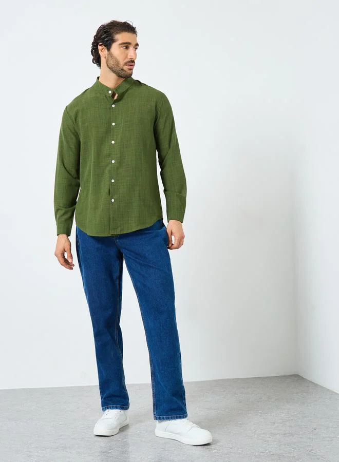 Styli Styli Linen Blend Mandarin Collar Regular Fit Shirt