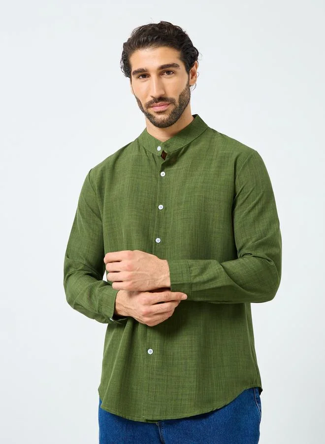 Styli Styli Linen Blend Mandarin Collar Regular Fit Shirt
