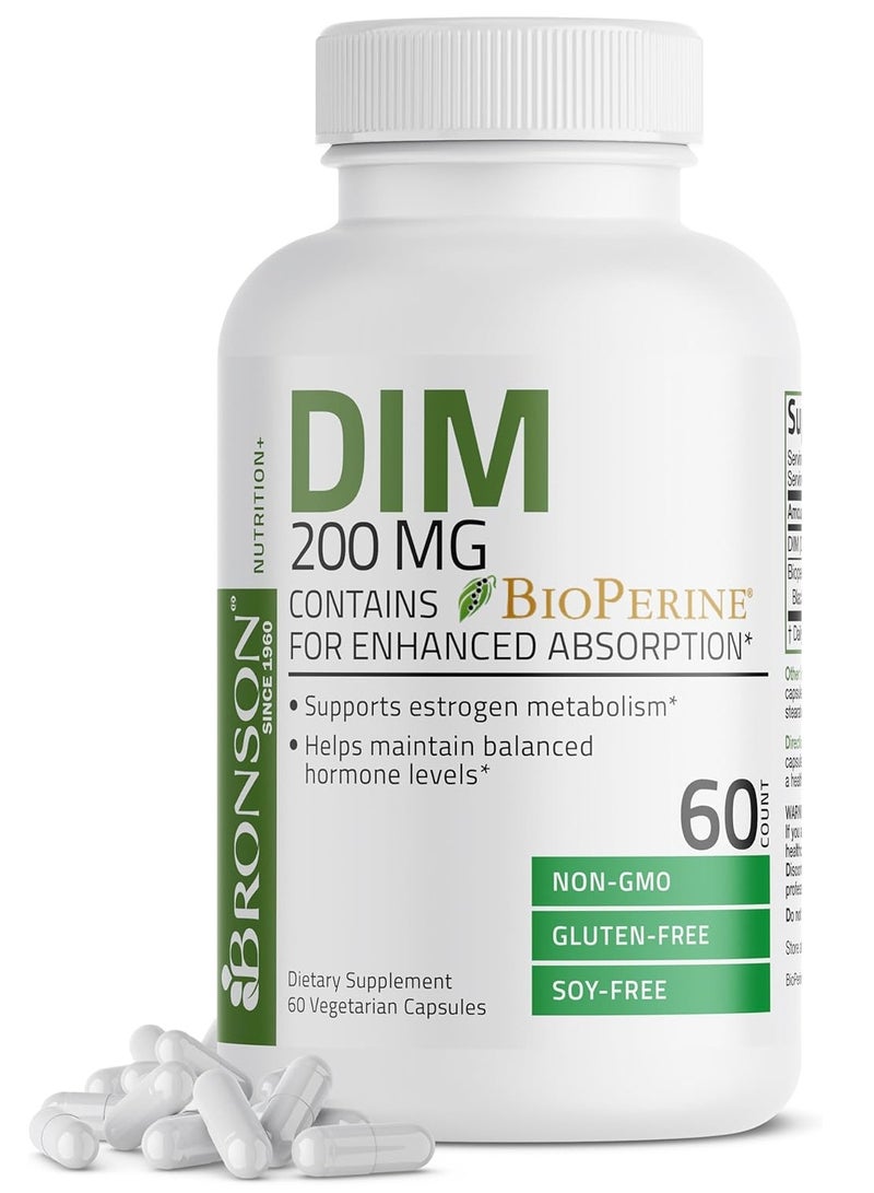برونسون DIM 200 MG مكمل Diindolymethane مع BioPerine 60 كبسولة نباتية تكفي لمدة شهرين - Image 1
