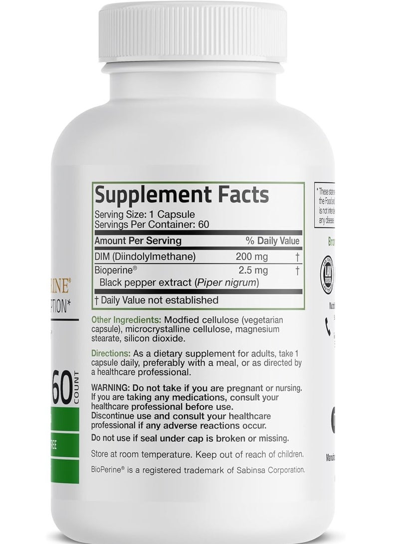 برونسون DIM 200 MG مكمل Diindolymethane مع BioPerine 60 كبسولة نباتية تكفي لمدة شهرين - Image 2