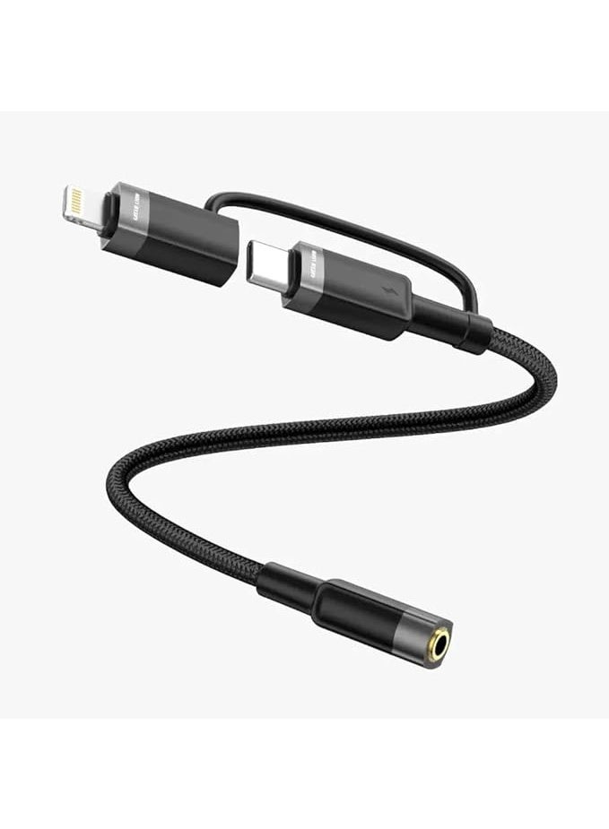 GREEN LION 2-In-1 Audio Cable / USB-C & Lightning to 3.5MM Adapter / Hi-Res Audio / Braided Aluminum Design / 12CM - Black