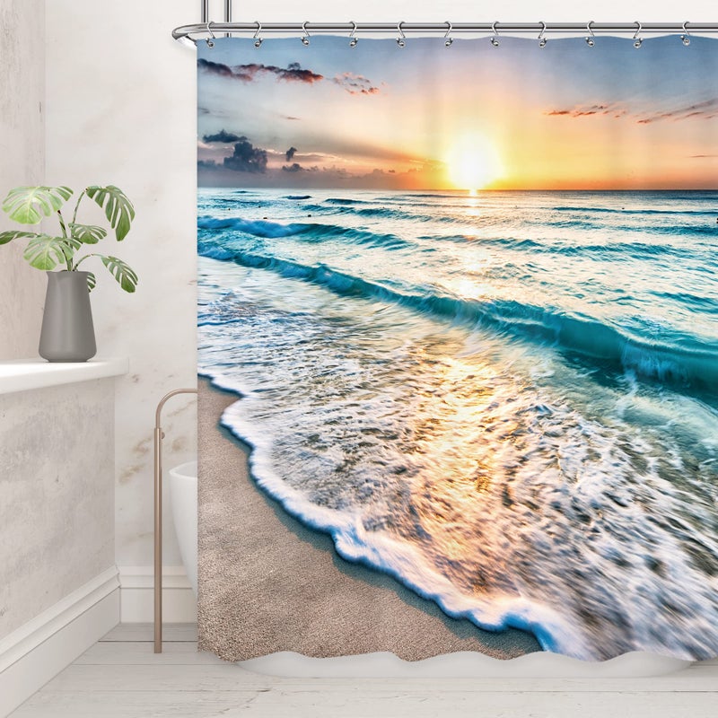 Riyidecor Ocean Beach Look Nature Scene Shower Curtain for Bathroom Sunrise Sunset 60 x 72 Inch Coastal Hawaiian Summer Sea Wave Seaside Island Blue Fabric Set Waterproof BB-JWXP