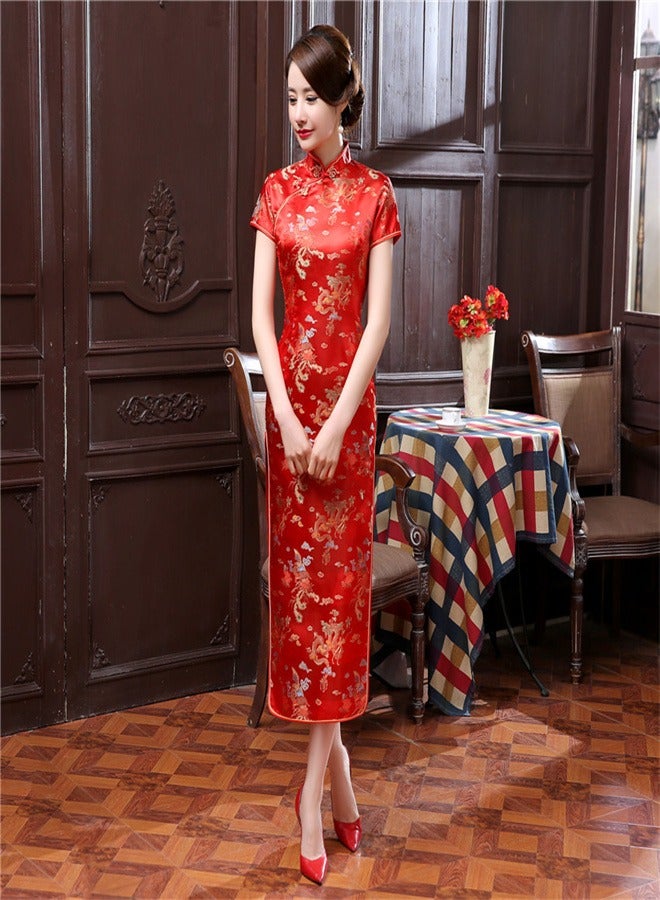 Loquat Dragon And Phoenix Short Sleeved Long Skirt Red  - Image 1
