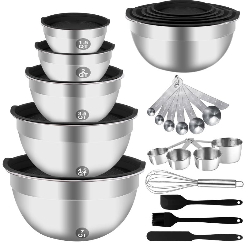 WEPSEN Mixing Bowls Set, 25PCS Stainless Steel Mixing Bowl with Lid Set, Large Nesting Bowls 7, 4.5, 3,2, 1.5QT, Measuring Cups and Spoons Baking Utensils Metal Bowl for Kitchen Prep - Image 1