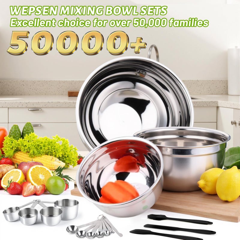 WEPSEN Mixing Bowls Set, 25PCS Stainless Steel Mixing Bowl with Lid Set, Large Nesting Bowls 7, 4.5, 3,2, 1.5QT, Measuring Cups and Spoons Baking Utensils Metal Bowl for Kitchen Prep - Image 2