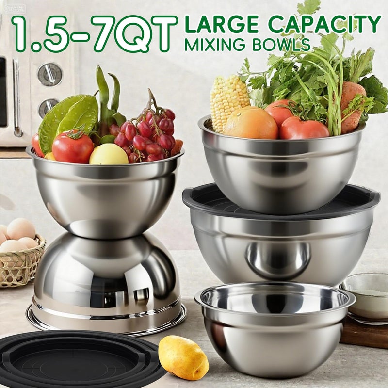 WEPSEN Mixing Bowls Set, 25PCS Stainless Steel Mixing Bowl with Lid Set, Large Nesting Bowls 7, 4.5, 3,2, 1.5QT, Measuring Cups and Spoons Baking Utensils Metal Bowl for Kitchen Prep - Image 3