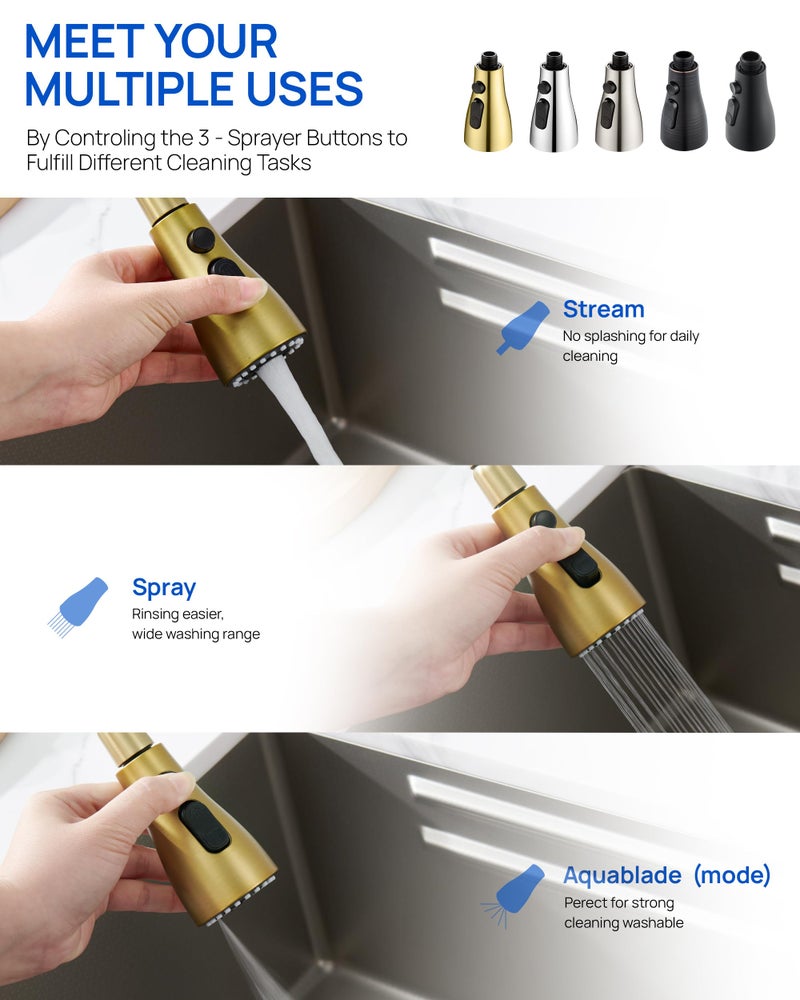 J-HVA Pull Down Kitchen Faucet Sprayer Head Replacement Part, 3 Function Pull Out Sink Sprayer Replacement Nozzle, Kitchen Faucet Head Hose Spray Tap Spout, 15 adapters, Brushed Gold - Image 3