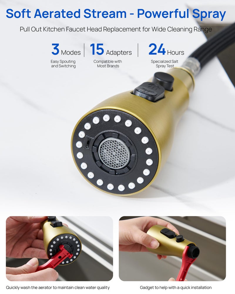 J-HVA Pull Down Kitchen Faucet Sprayer Head Replacement Part, 3 Function Pull Out Sink Sprayer Replacement Nozzle, Kitchen Faucet Head Hose Spray Tap Spout, 15 adapters, Brushed Gold - Image 5
