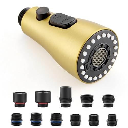 J-HVA Pull Down Kitchen Faucet Sprayer Head Replacement Part, 3 Function Pull Out Sink Sprayer Replacement Nozzle, Kitchen Faucet Head Hose Spray Tap Spout, 15 adapters, Brushed Gold - Image 1