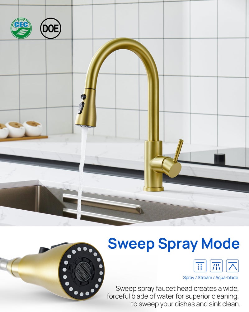 J-HVA Pull Down Kitchen Faucet Sprayer Head Replacement Part, 3 Function Pull Out Sink Sprayer Replacement Nozzle, Kitchen Faucet Head Hose Spray Tap Spout, 15 adapters, Brushed Gold - Image 2