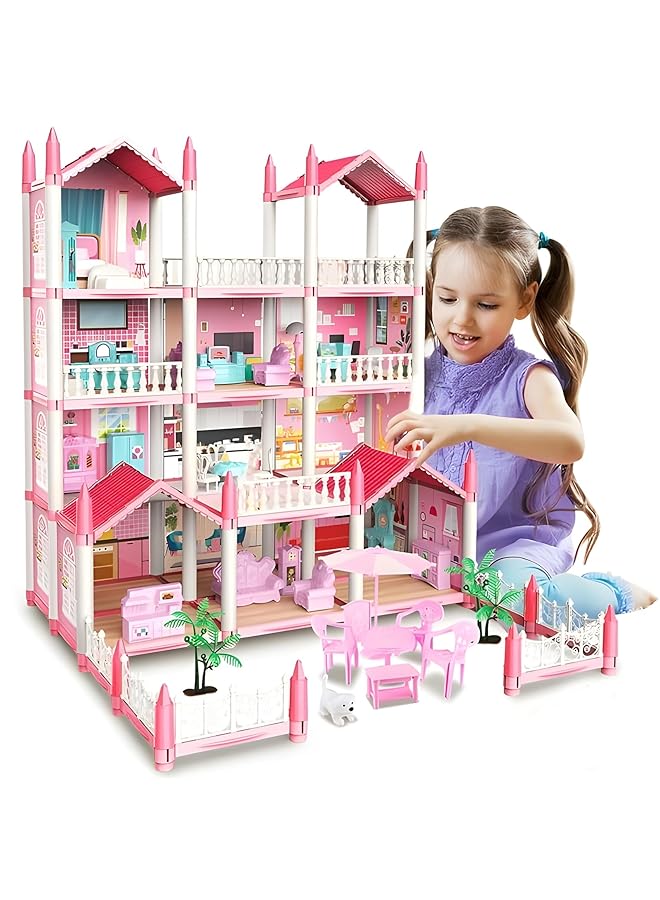 WEMART Dollhouse For Girl 5 Story 17 Rooms Luxury Pink Dollhouse Diy Play Doll Room Set With Light Strip 4 Dolls 4 Puppy And Doll Furnitures Dream Christmas Birthday Toy Gift For Girls 3 4 5 6 7 8 - Image 1