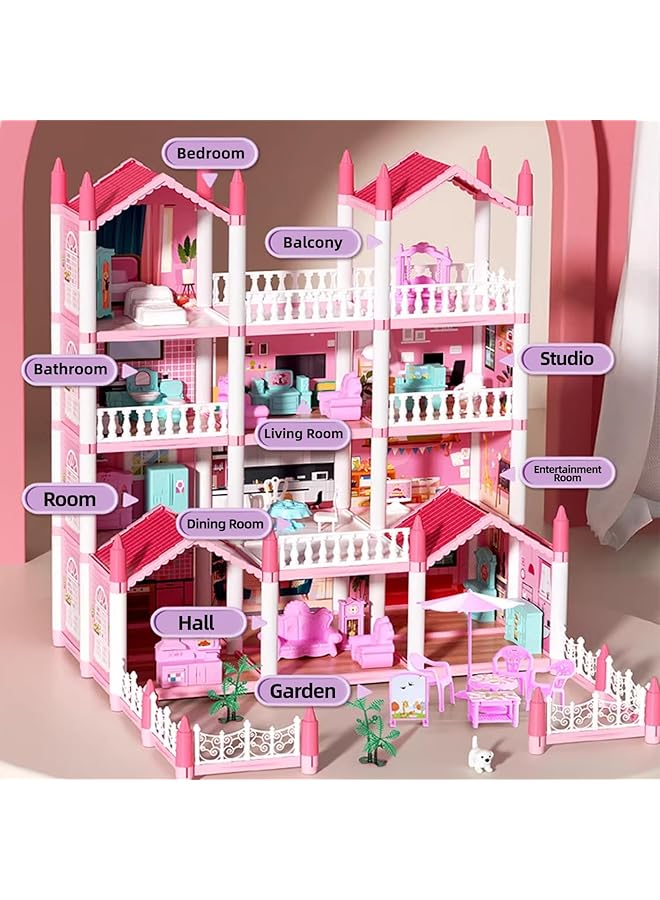 WEMART Dollhouse For Girl 5 Story 17 Rooms Luxury Pink Dollhouse Diy Play Doll Room Set With Light Strip 4 Dolls 4 Puppy And Doll Furnitures Dream Christmas Birthday Toy Gift For Girls 3 4 5 6 7 8 - Image 3
