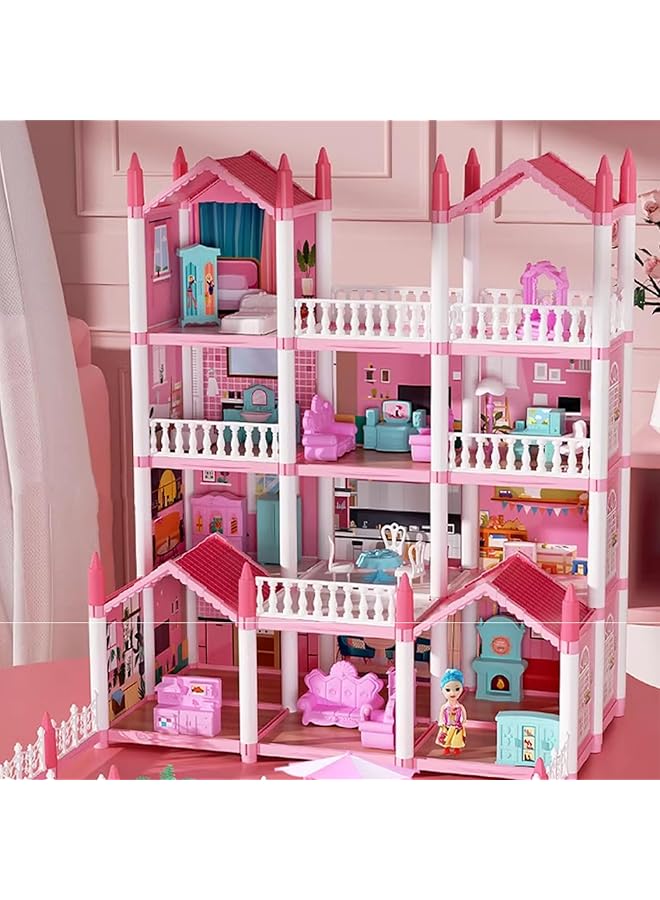 WEMART Dollhouse For Girl 5 Story 17 Rooms Luxury Pink Dollhouse Diy Play Doll Room Set With Light Strip 4 Dolls 4 Puppy And Doll Furnitures Dream Christmas Birthday Toy Gift For Girls 3 4 5 6 7 8 - Image 2