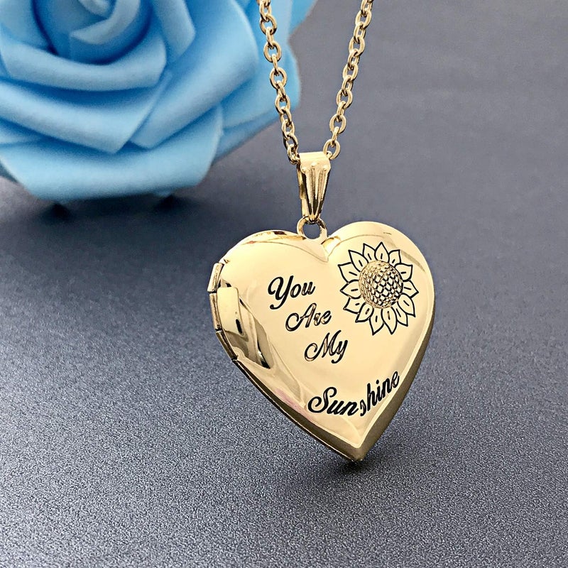YOUFENG You are My Sunshine Necklace Sunflower Locket Necklace that Holds Pictures Heart Locket Pendant Gifts for Her - Image 4