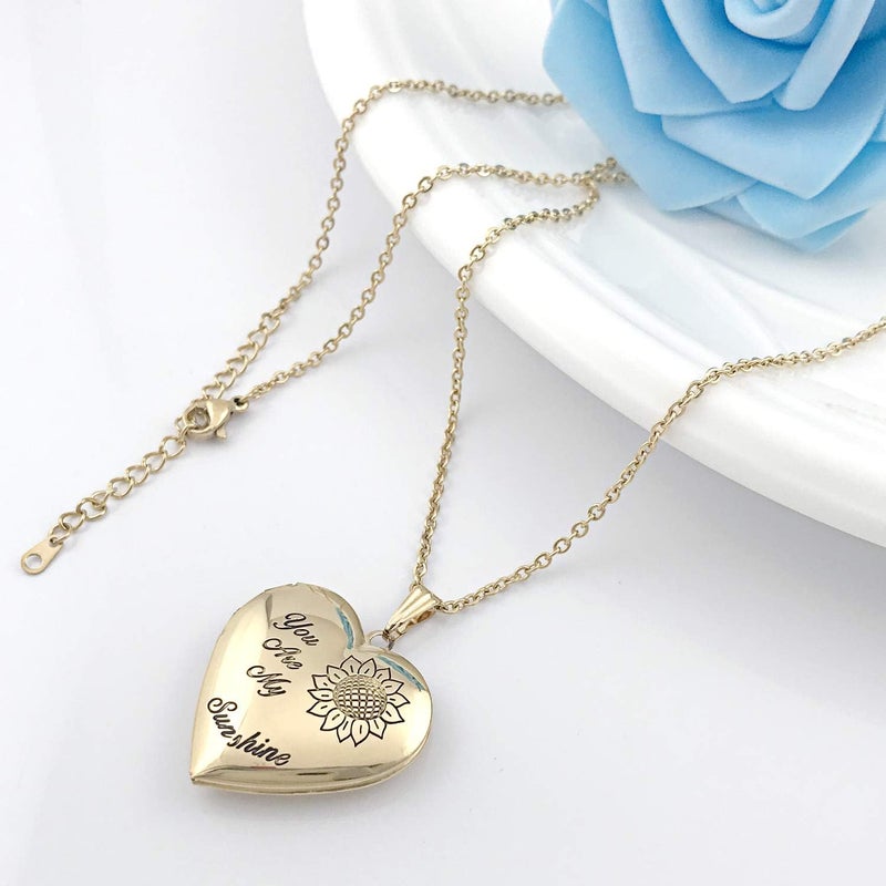 YOUFENG You are My Sunshine Necklace Sunflower Locket Necklace that Holds Pictures Heart Locket Pendant Gifts for Her - Image 3