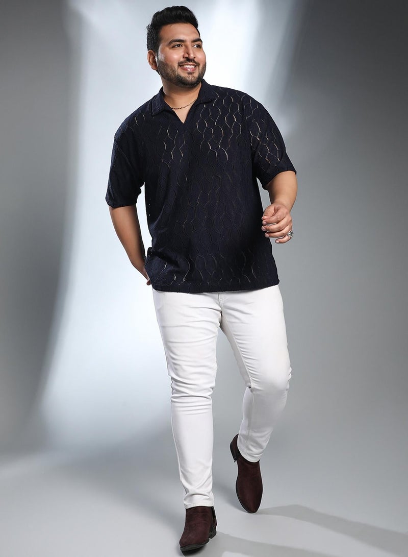 Instafab Plus Men's Navy Blue Honeycomb-Knit Polo T-Shirt - Image 5