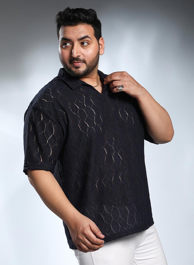 Instafab Plus Men's Navy Blue Honeycomb-Knit Polo T-Shirt - Image 3