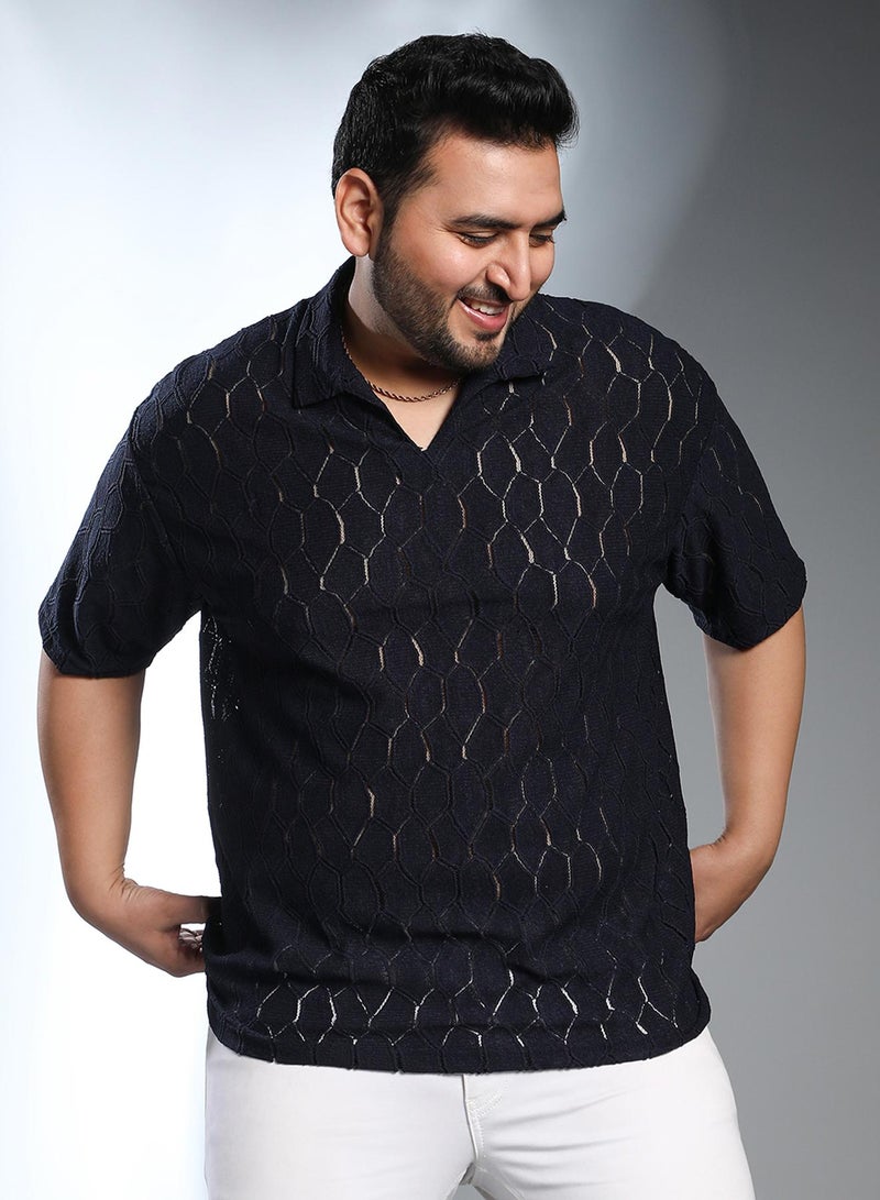 Instafab Plus Men's Navy Blue Honeycomb-Knit Polo T-Shirt - Image 2