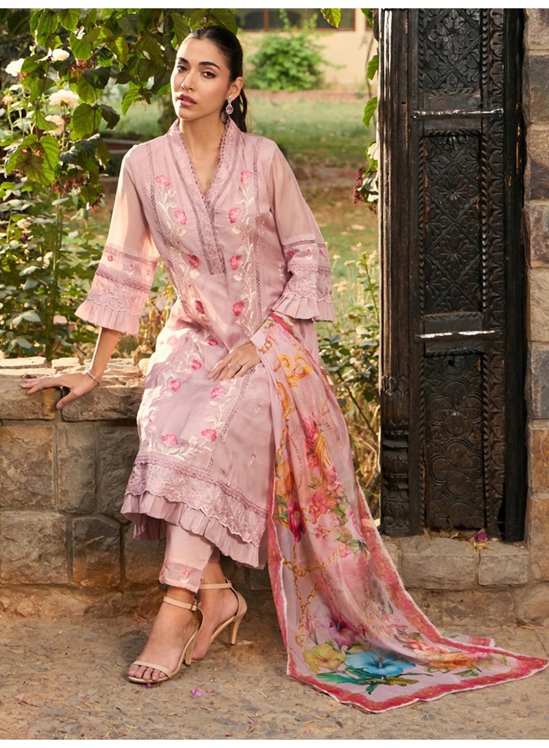 Ameya Mauve Embroidered A-Line Kurta Trousers With Dupatta - Image 1