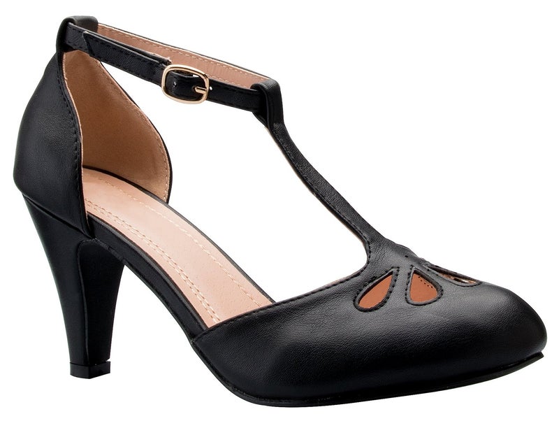Olivia K Women's Low Heels Mary Jane Pumps - Adorable Vintage Shoes- Unique Round Toe Design with an Adjustable T Strap Black - Image 1
