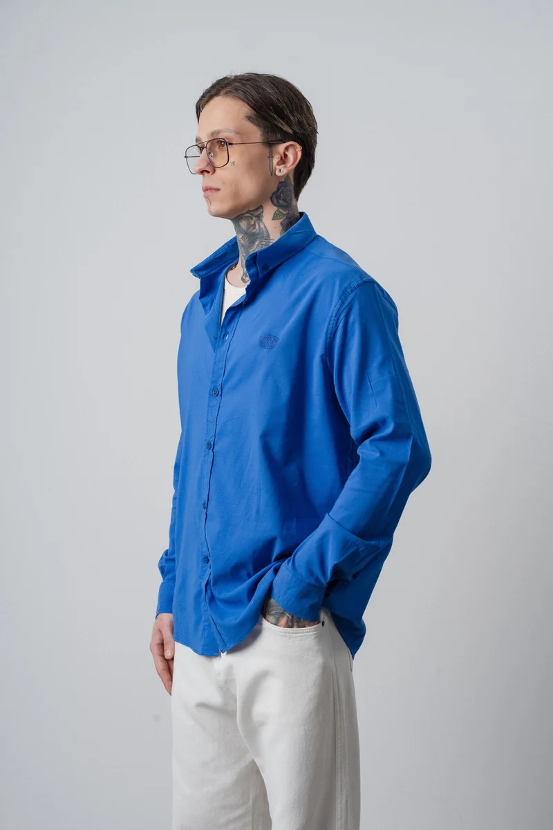 Respire Men's Embroidered Long-Sleeve Oversize Shirt, Blue