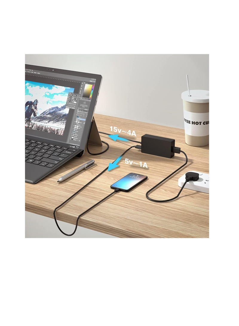 Terabyte 65W Charger 15V/4A Power Supply Adapter Compatible with Microsoft Laptop/Tablet Surface Pro 3/4/5/6/7/8/X Surface Go & Surface Book with USB Charging Port - Image 3