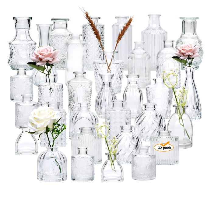 SET OF 32 BUD VASES FOR FLOWERS SMALL VINTAGE GLASS BOTTLES FOR RUSTIC WEDDING CENTERPIECES AND HOME DECOR