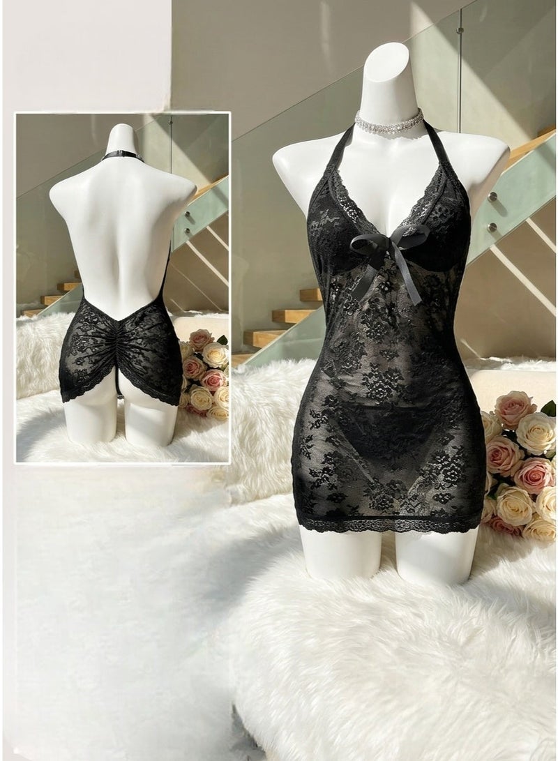 Women's Floral Lace Mini Dress Halter Neck Backless Soft Stretch Lightweight Breathable Lace Lounge Wear with Bow Detail Elegant Home Wear Comfortable Relaxation Dress - Image 1