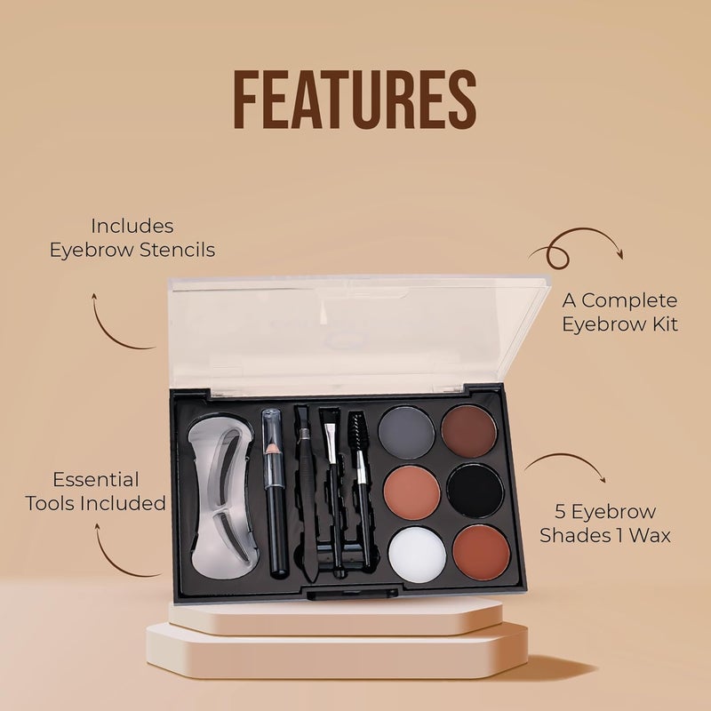 COLORS QUEEN Colors Queen Eyebrow Styling Kit with 5 Highly Pigmented Shades and 1 Wax Spoolie Eyebrow Pencil Eyebrow Stencil Hair Plucker Angular Brush Palette - Image 3