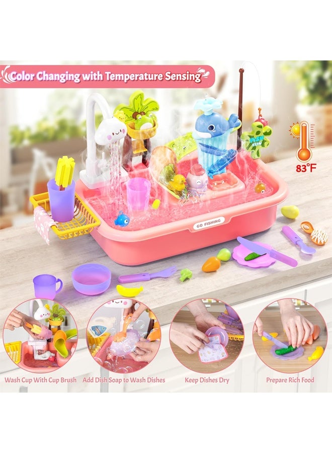 Children's toy pool, toy sink with running water, color changing toy sink with upgraded electric faucet and water pump, pretend play kitchen sink and summer water toy for boys and girls, pink - Image 3