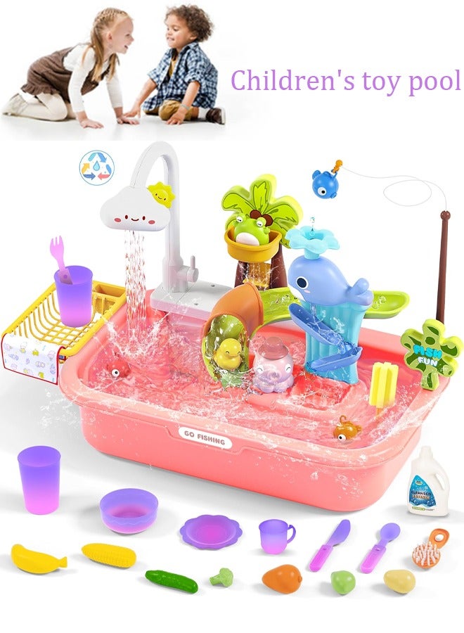 Children's toy pool, toy sink with running water, color changing toy sink with upgraded electric faucet and water pump, pretend play kitchen sink and summer water toy for boys and girls, pink - Image 1