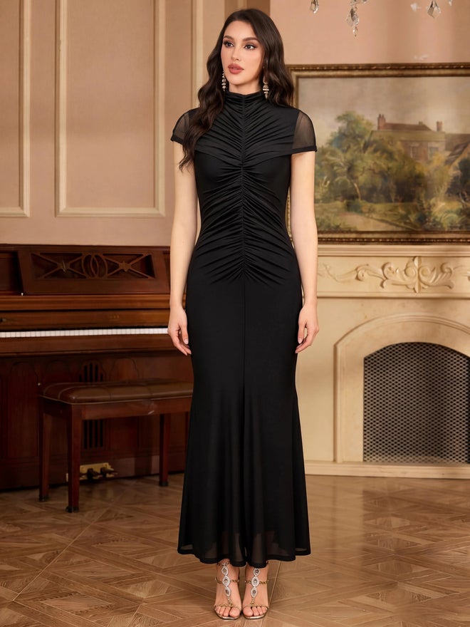 Styli Black Gathered Yoke Sheath Maxi Dress - Image 1