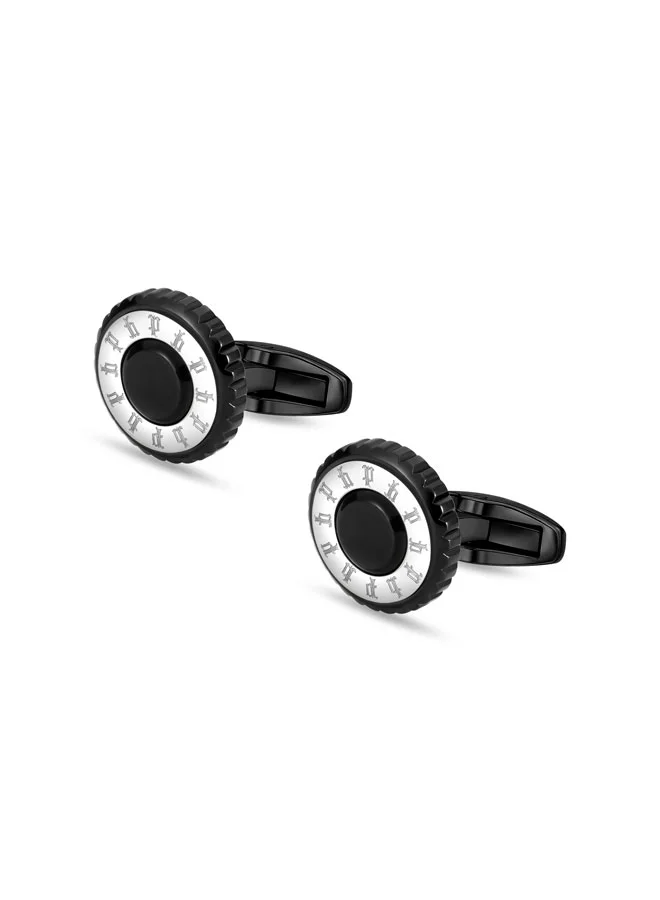 بوليس Fluted Silver with Black Multi Pattern Emblem Cufflinks for Men