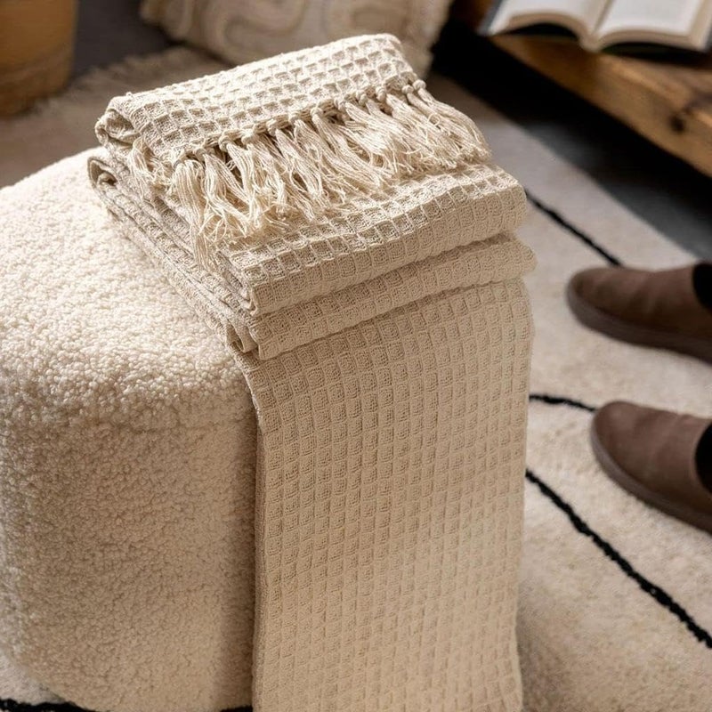 TIB® Cotton Throw Blanket,125x150 cm, Throws for Sofa and Couch 3 Seater 120 TC with Fringes, (Beige) - Image 1